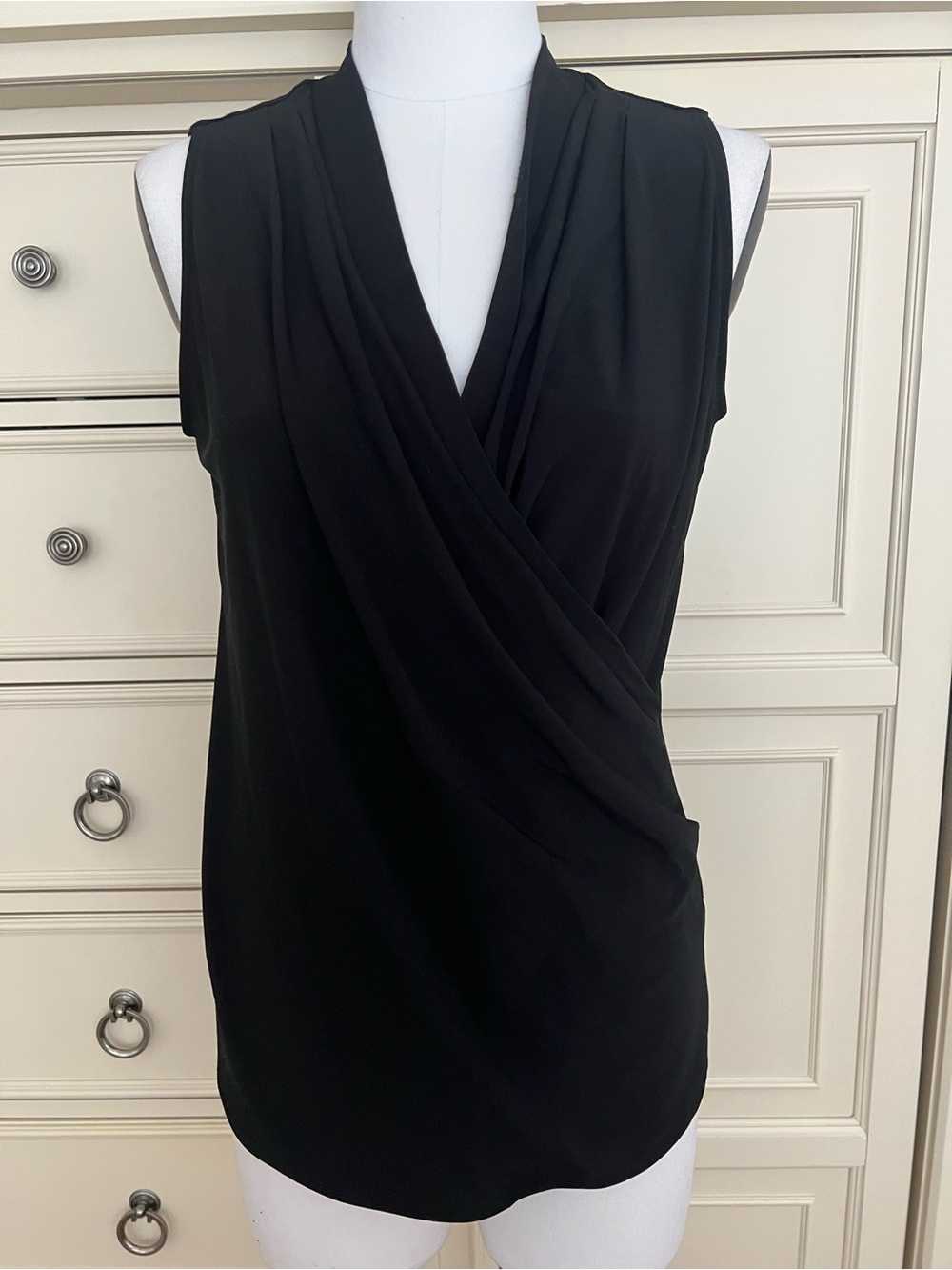 White House Black Market Black Sleeveless Surplice Draped Top